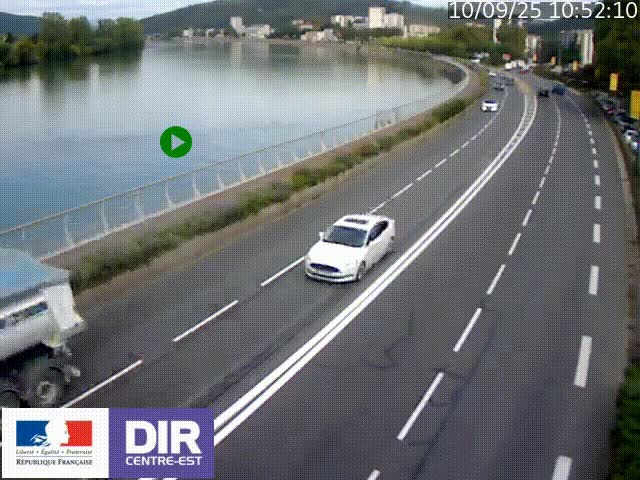 Webcam sur le quai Parjot à Vienne, aux Portes de Lyon, sur la Nationale 7, à la jonction avec le boulevard du Rhône-nord (D1407), caméra orientée vers Lyon