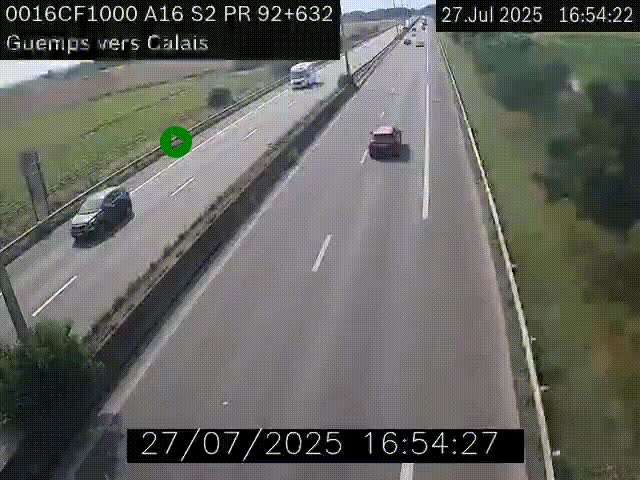 Webcam A16 juste après l'aire de repos d'Offekerque à Guemps. Vue orientée vers Calais