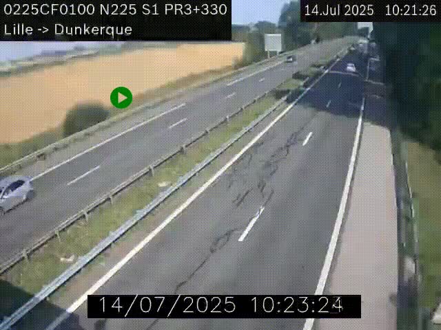 Webcam autoroute A25 (N225) à hauteur de Bergues (Bierne). Vue orientée vers Dunkerque.