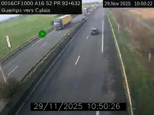 Webcam A16 juste après l'aire de repos d'Offekerque à Guemps. Vue orientée vers Calais