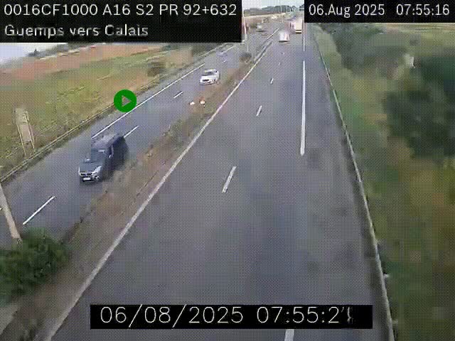 Webcam A16 juste après l'aire de repos d'Offekerque à Guemps. Vue orientée vers Calais