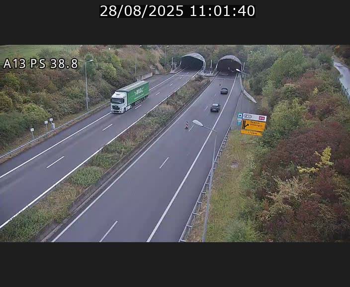 Webcam autoroute A13 à l'entrée ouest du tunnel Markusbierg à Schengen. Vue orientée vers Mondorf-les-Bains