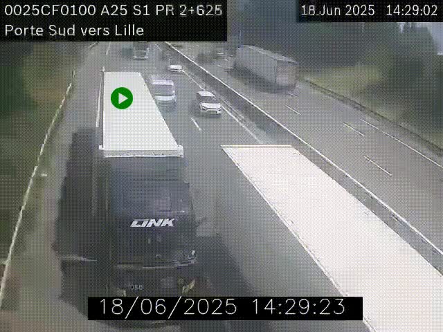 Webcam autoroute A25 sur le périphérique de Lille à hauteur de Lille-Sud et la sortie 3 Faches-Thumesnil. Vue orientée vers Lille-Centre.