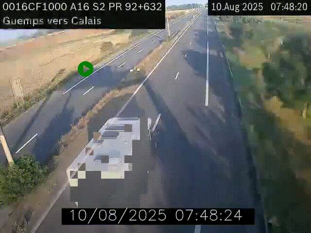 Webcam A16 juste après l'aire de repos d'Offekerque à Guemps. Vue orientée vers Calais
