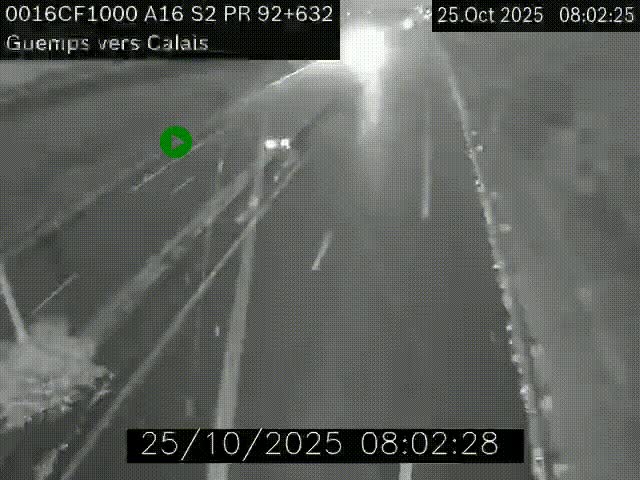 Webcam A16 juste après l'aire de repos d'Offekerque à Guemps. Vue orientée vers Calais