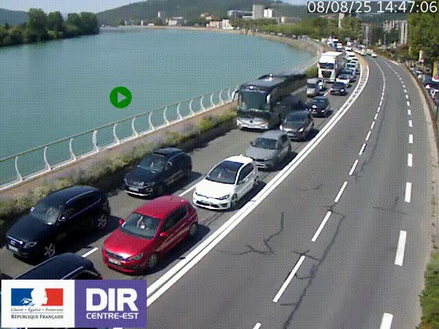 Webcam sur le quai Parjot à Vienne, aux Portes de Lyon, sur la Nationale 7, à la jonction avec le boulevard du Rhône-nord (D1407), caméra orientée vers Lyon