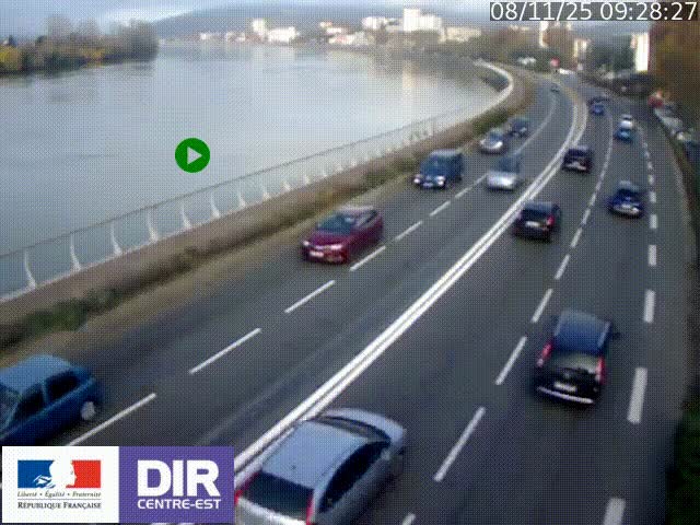 Webcam sur le quai Parjot à Vienne, aux Portes de Lyon, sur la Nationale 7, à la jonction avec le boulevard du Rhône-nord (D1407), caméra orientée vers Lyon