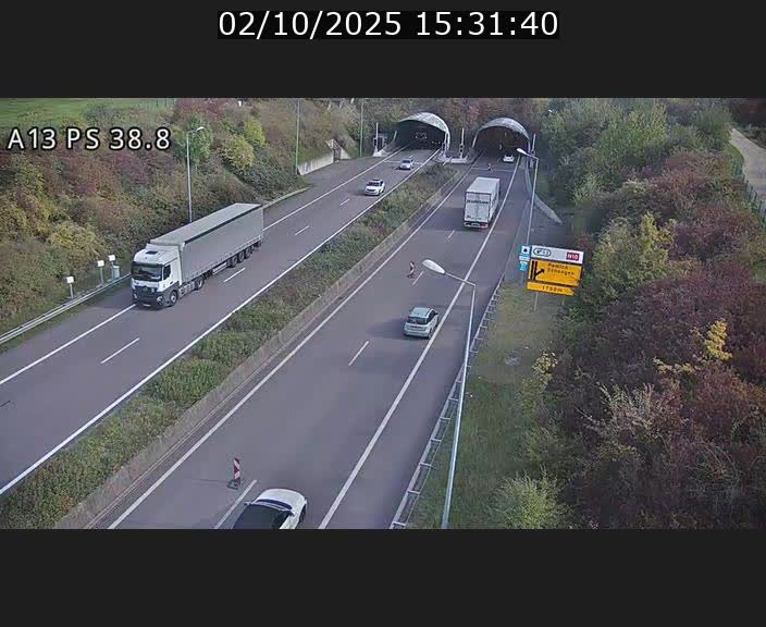 Webcam autoroute A13 à l'entrée ouest du tunnel Markusbierg à Schengen. Vue orientée vers Mondorf-les-Bains