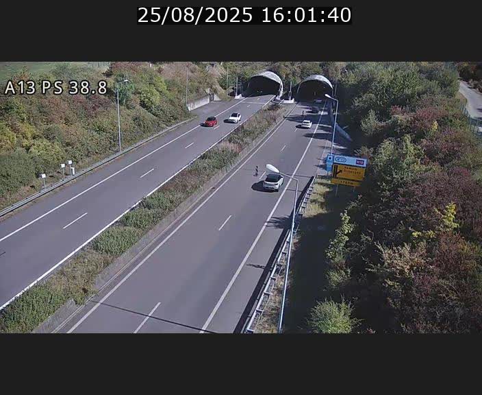 Webcam autoroute A13 à l'entrée ouest du tunnel Markusbierg à Schengen. Vue orientée vers Mondorf-les-Bains