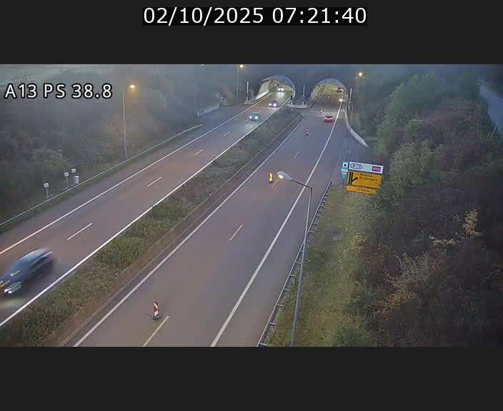 Webcam autoroute A13 à l'entrée ouest du tunnel Markusbierg à Schengen. Vue orientée vers Mondorf-les-Bains