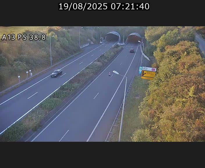Webcam autoroute A13 à l'entrée ouest du tunnel Markusbierg à Schengen. Vue orientée vers Mondorf-les-Bains