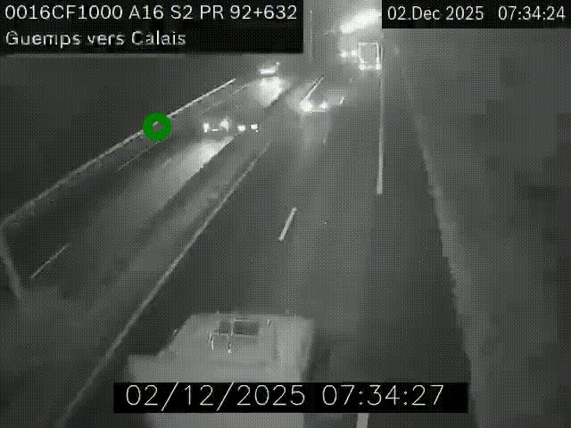 Webcam A16 juste après l'aire de repos d'Offekerque à Guemps. Vue orientée vers Calais