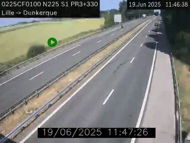 Webcam autoroute A25 (N225) à hauteur de Bergues (Bierne). Vue orientée vers Dunkerque.