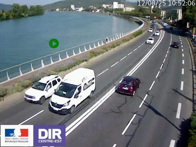 Webcam sur le quai Parjot à Vienne, aux Portes de Lyon, sur la Nationale 7, à la jonction avec le boulevard du Rhône-nord (D1407), caméra orientée vers Lyon