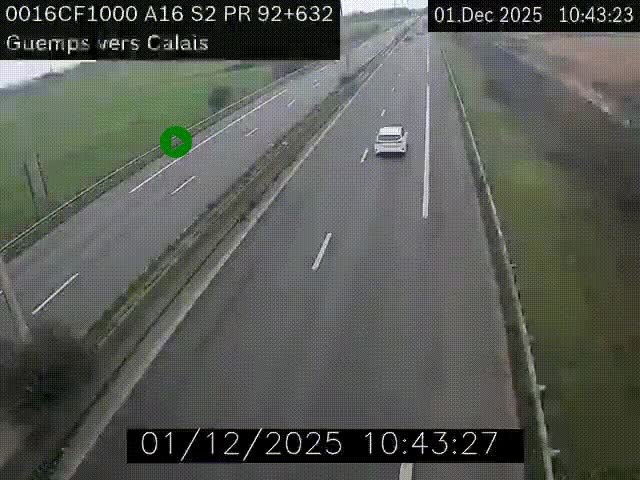 Webcam A16 juste après l'aire de repos d'Offekerque à Guemps. Vue orientée vers Calais