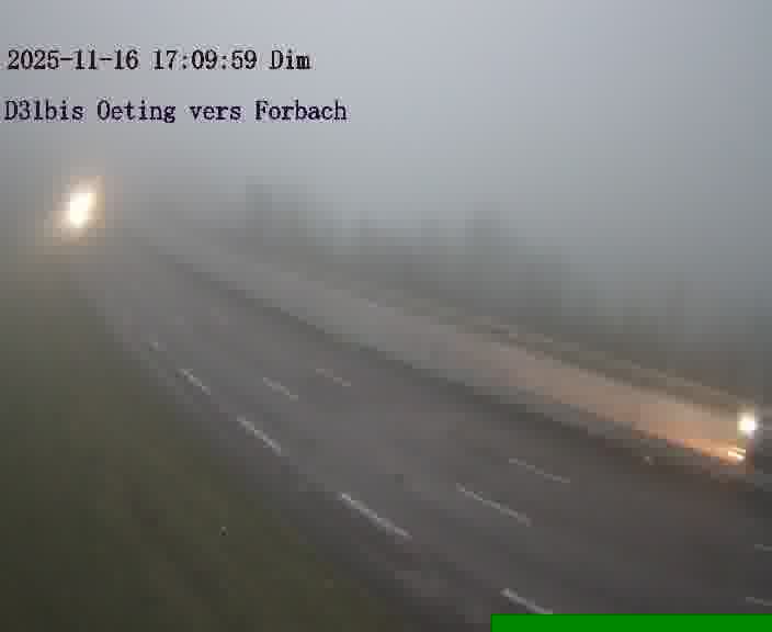 Caméra routière située sur D31bis (France) à Oeting, orientée vers Forbach, surveillant en continu la circulation locale et régionale.