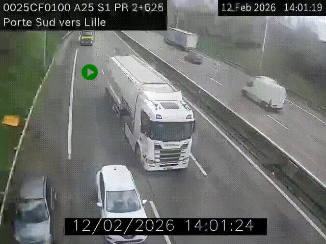 Webcam autoroute A25 sur le périphérique de Lille à hauteur de Lille-Sud et la sortie 3 Faches-Thumesnil. Vue orientée vers Lille-Centre.