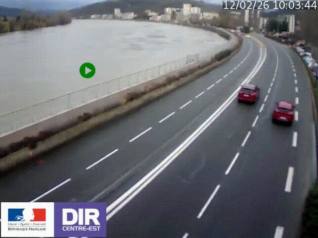 Webcam sur le quai Parjot à Vienne, aux Portes de Lyon, sur la Nationale 7, à la jonction avec le boulevard du Rhône-nord (D1407), caméra orientée vers Lyon
