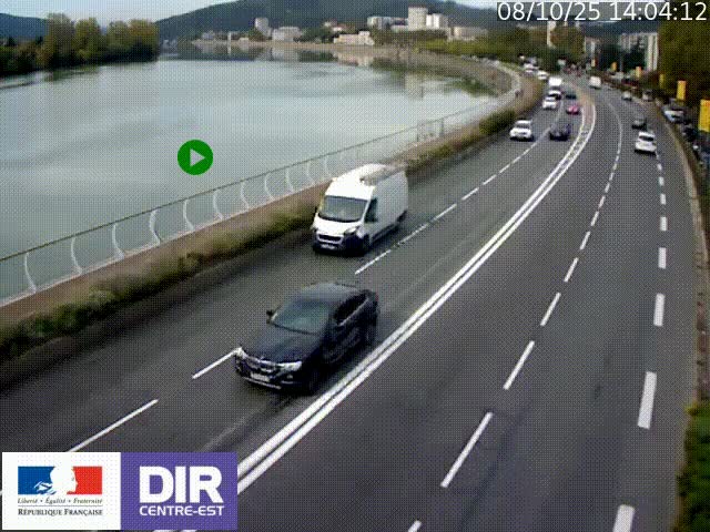Webcam sur le quai Parjot à Vienne, aux Portes de Lyon, sur la Nationale 7, à la jonction avec le boulevard du Rhône-nord (D1407), caméra orientée vers Lyon
