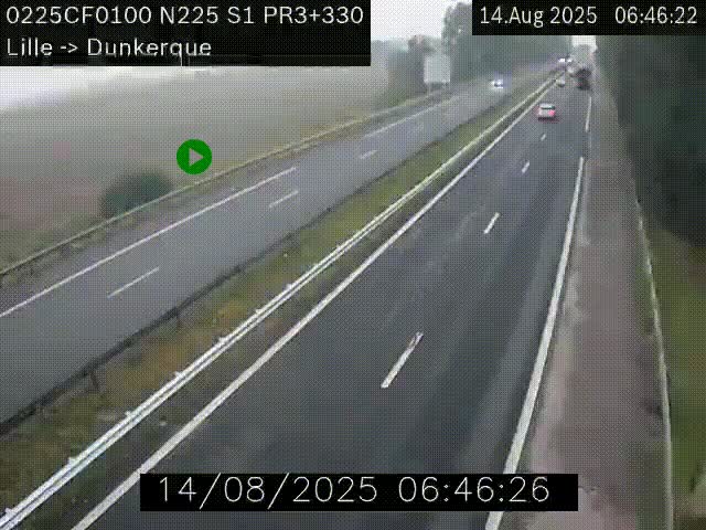 Webcam autoroute A25 (N225) à hauteur de Bergues (Bierne). Vue orientée vers Dunkerque.