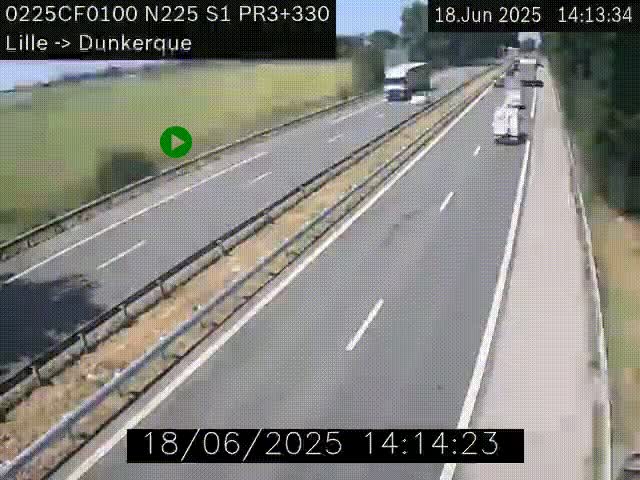Webcam autoroute A25 (N225) à hauteur de Bergues (Bierne). Vue orientée vers Dunkerque.
