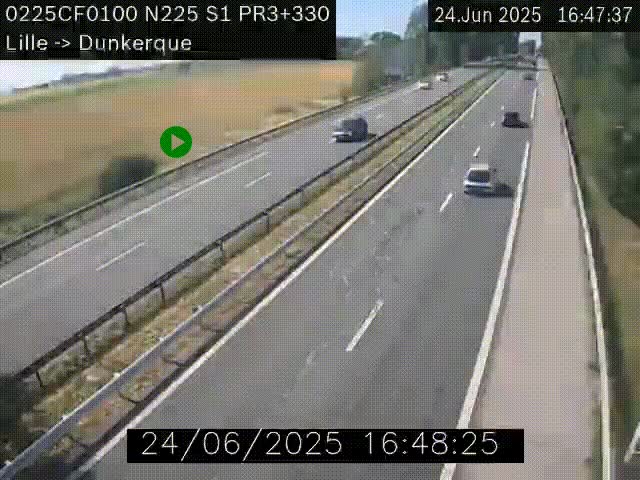 Webcam autoroute A25 (N225) à hauteur de Bergues (Bierne). Vue orientée vers Dunkerque.