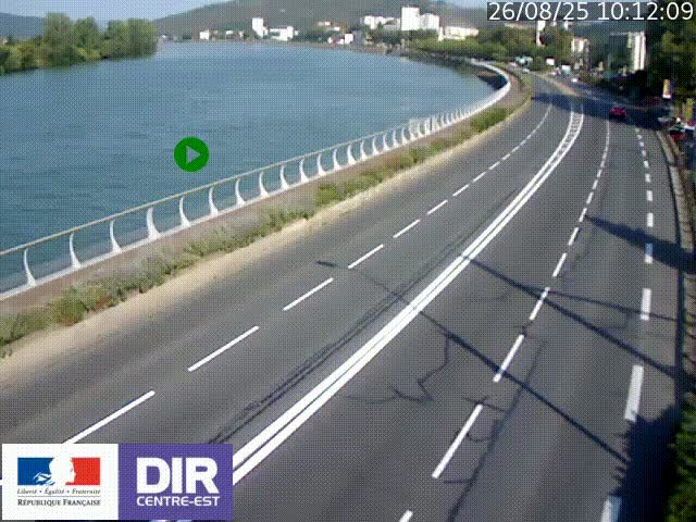 Webcam sur le quai Parjot à Vienne, aux Portes de Lyon, sur la Nationale 7, à la jonction avec le boulevard du Rhône-nord (D1407), caméra orientée vers Lyon
