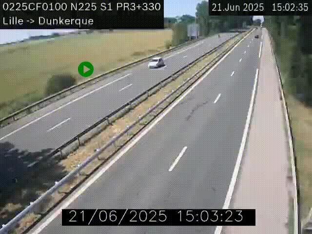 Webcam autoroute A25 (N225) à hauteur de Bergues (Bierne). Vue orientée vers Dunkerque.