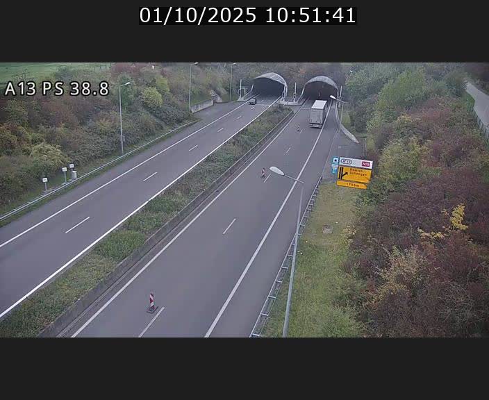 Webcam autoroute A13 à l'entrée ouest du tunnel Markusbierg à Schengen. Vue orientée vers Mondorf-les-Bains