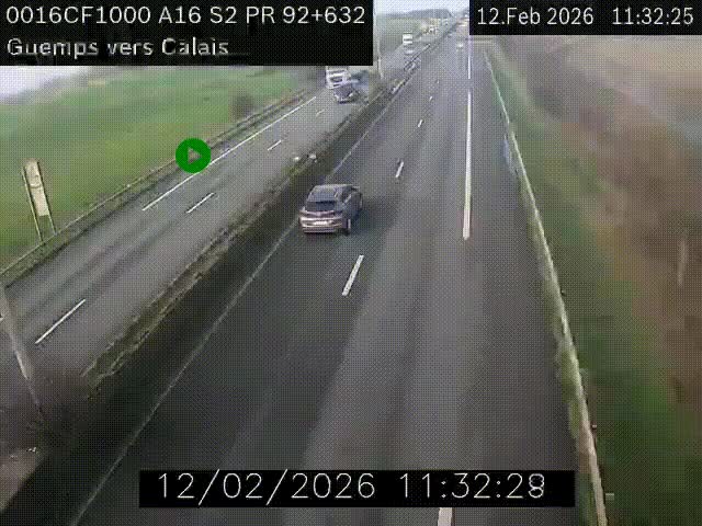 Webcam A16 juste après l'aire de repos d'Offekerque à Guemps. Vue orientée vers Calais