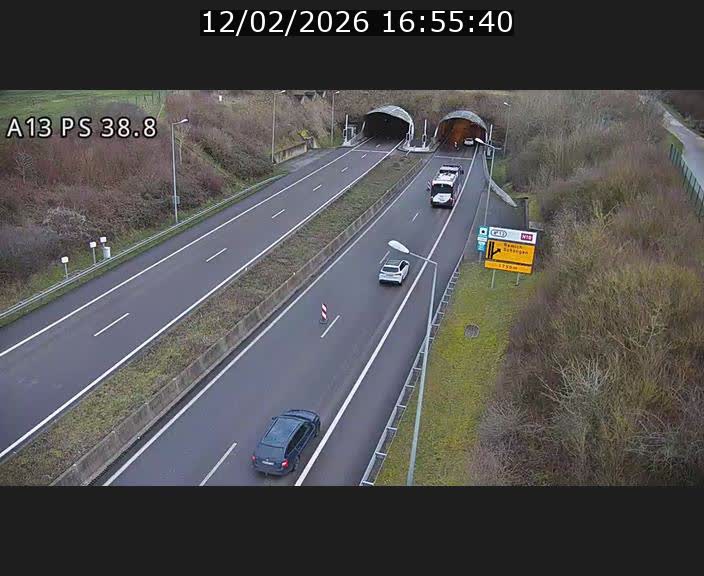 Webcam autoroute A13 à l'entrée ouest du tunnel Markusbierg à Schengen. Vue orientée vers Mondorf-les-Bains