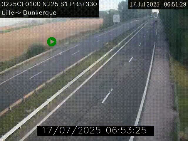 Webcam autoroute A25 (N225) à hauteur de Bergues (Bierne). Vue orientée vers Dunkerque.
