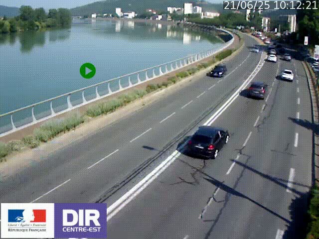 Webcam sur le quai Parjot à Vienne, aux Portes de Lyon, sur la Nationale 7, à la jonction avec le boulevard du Rhône-nord (D1407), caméra orientée vers Lyon