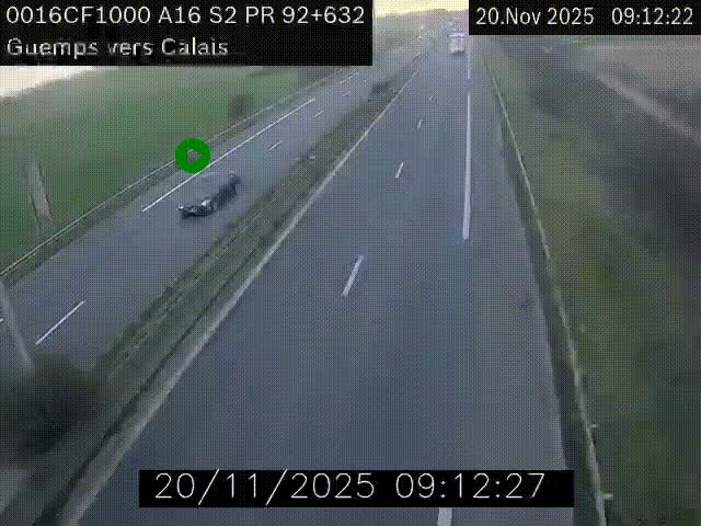 Webcam A16 juste après l'aire de repos d'Offekerque à Guemps. Vue orientée vers Calais