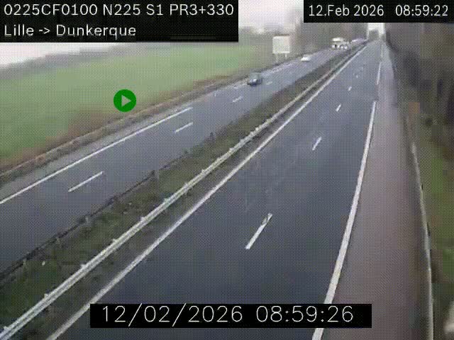 Webcam autoroute A25 (N225) à hauteur de Bergues (Bierne). Vue orientée vers Dunkerque.