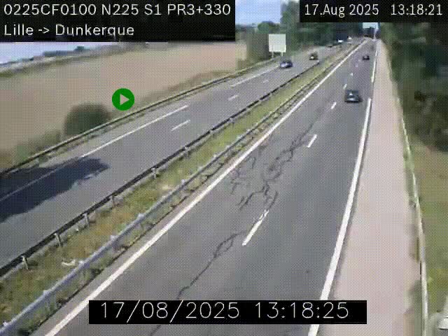 Webcam autoroute A25 (N225) à hauteur de Bergues (Bierne). Vue orientée vers Dunkerque.