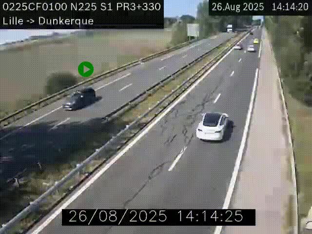Webcam autoroute A25 (N225) à hauteur de Bergues (Bierne). Vue orientée vers Dunkerque.