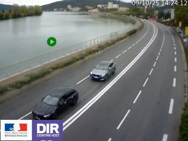 Webcam sur le quai Parjot à Vienne, aux Portes de Lyon, sur la Nationale 7, à la jonction avec le boulevard du Rhône-nord (D1407), caméra orientée vers Lyon