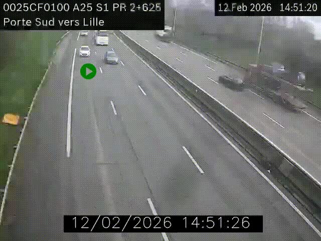 Webcam autoroute A25 sur le périphérique de Lille à hauteur de Lille-Sud et la sortie 3 Faches-Thumesnil. Vue orientée vers Lille-Centre.