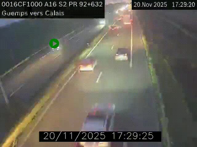 Webcam A16 juste après l'aire de repos d'Offekerque à Guemps. Vue orientée vers Calais
