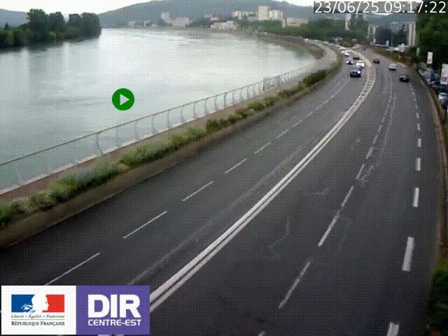 Webcam sur le quai Parjot à Vienne, aux Portes de Lyon, sur la Nationale 7, à la jonction avec le boulevard du Rhône-nord (D1407), caméra orientée vers Lyon