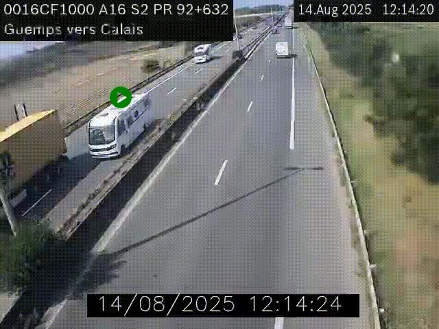 Webcam A16 juste après l'aire de repos d'Offekerque à Guemps. Vue orientée vers Calais