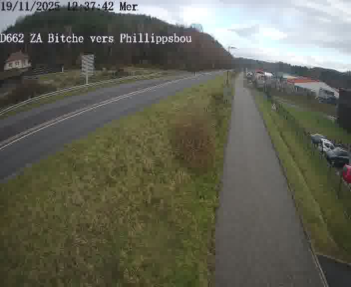 Caméra de trafic sur D662 (France) à Bitche, orientée vers Phillippsbourg, permettant d’évaluer fluidité, incidents et densité automobile.