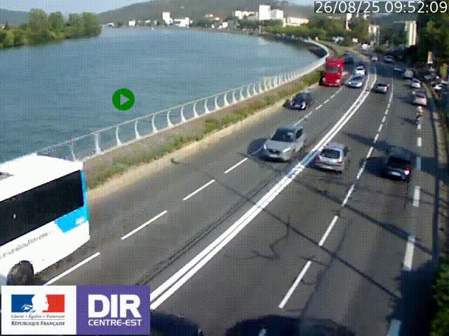 Webcam sur le quai Parjot à Vienne, aux Portes de Lyon, sur la Nationale 7, à la jonction avec le boulevard du Rhône-nord (D1407), caméra orientée vers Lyon