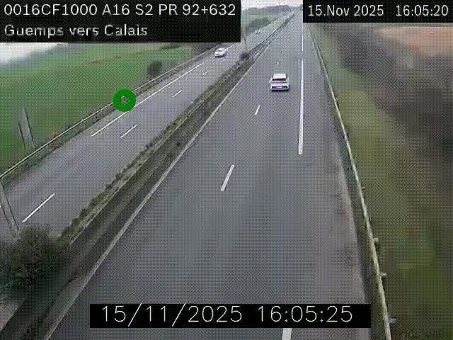 Webcam A16 juste après l'aire de repos d'Offekerque à Guemps. Vue orientée vers Calais