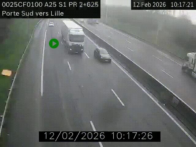 Webcam autoroute A25 sur le périphérique de Lille à hauteur de Lille-Sud et la sortie 3 Faches-Thumesnil. Vue orientée vers Lille-Centre.