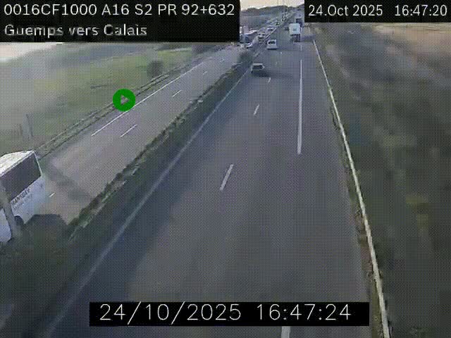 Webcam A16 juste après l'aire de repos d'Offekerque à Guemps. Vue orientée vers Calais