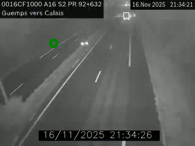 Webcam A16 juste après l'aire de repos d'Offekerque à Guemps. Vue orientée vers Calais