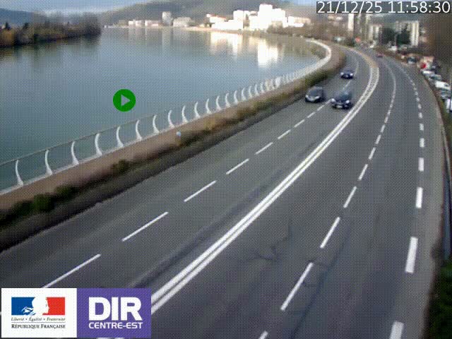 Webcam sur le quai Parjot à Vienne, aux Portes de Lyon, sur la Nationale 7, à la jonction avec le boulevard du Rhône-nord (D1407), caméra orientée vers Lyon
