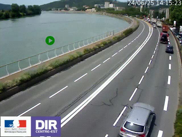 Webcam sur le quai Parjot à Vienne, aux Portes de Lyon, sur la Nationale 7, à la jonction avec le boulevard du Rhône-nord (D1407), caméra orientée vers Lyon